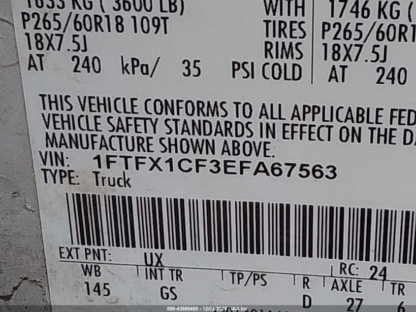 2014 Ford F-150 Xlt VIN: 1FTFX1CF3EFA67563 Lot: 43860480