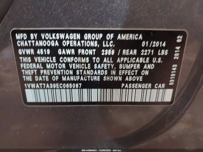 2014 Volkswagen Passat 1.8T S VIN: 1VWAT7A39EC065087 Lot: 43860483