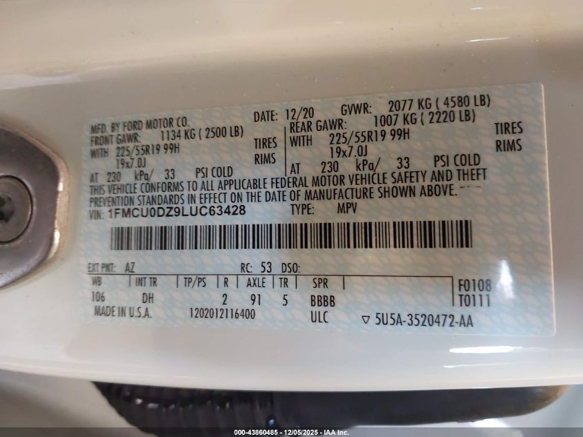 2020 Ford Escape Titanium Hybrid VIN: 1FMCU0DZ9LUC63428 Lot: 43860485