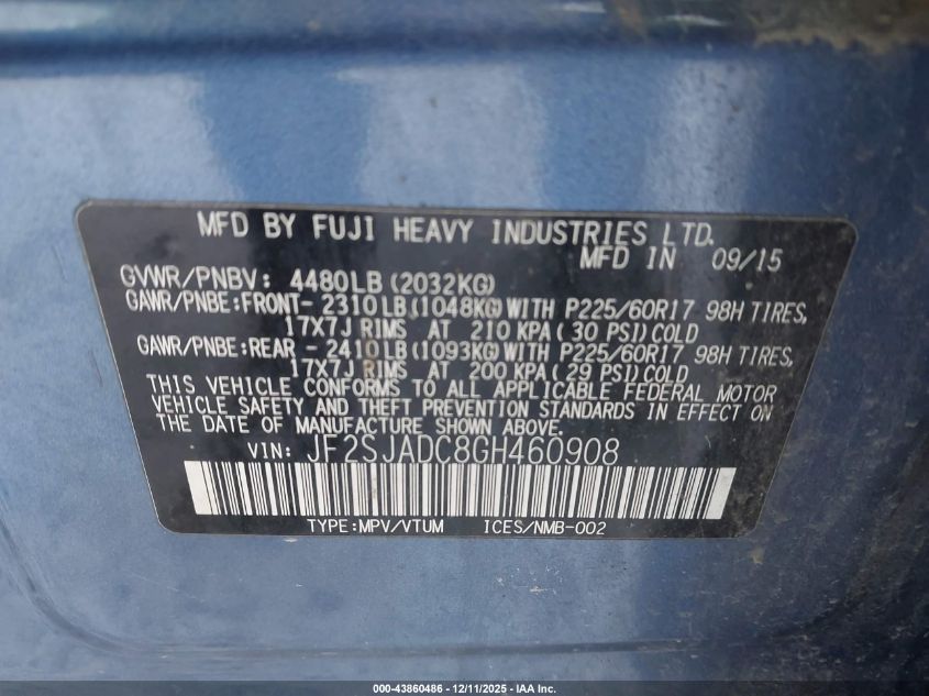 2016 Subaru Forester 2.5I Premium VIN: JF2SJADC8GH460908 Lot: 43860486