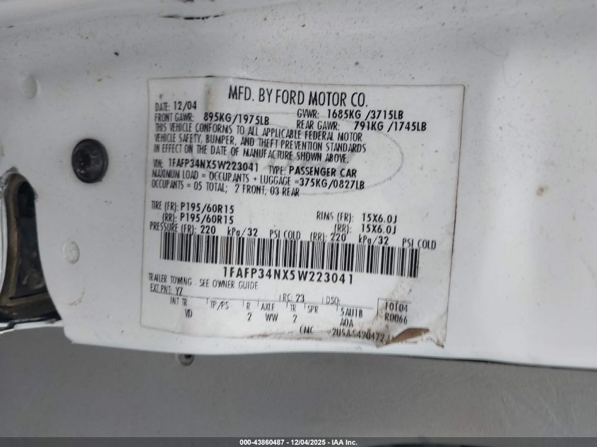 2005 Ford Focus Zx4 VIN: 1FAFP34NX5W223041 Lot: 43860487