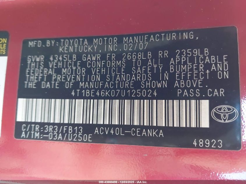 2007 Toyota Camry Le VIN: 4T1BE46K07U125024 Lot: 43860498