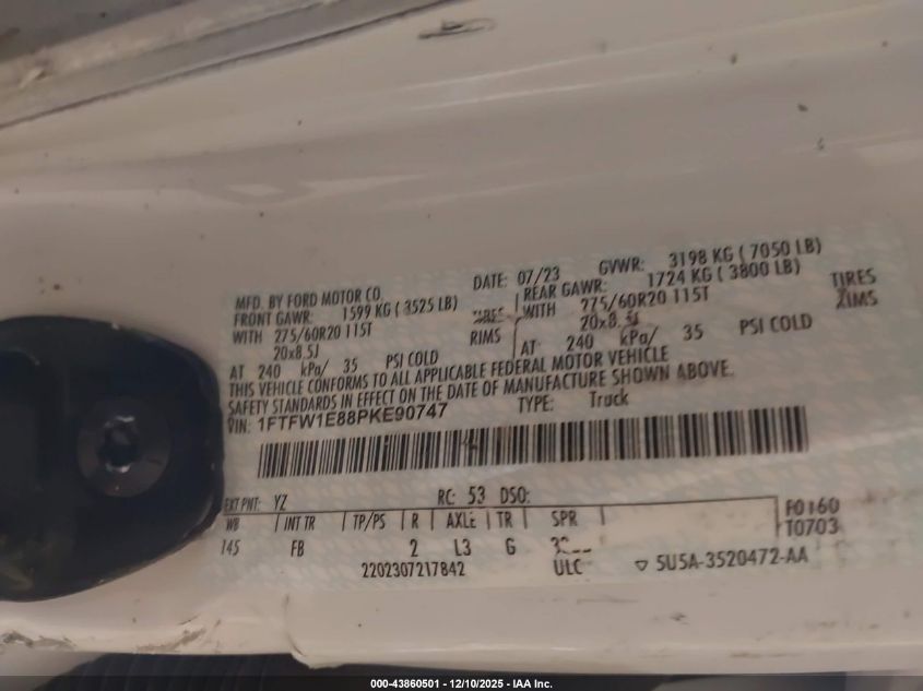 2023 Ford F-150 Xlt VIN: 1FTFW1E88PKE90747 Lot: 43860501