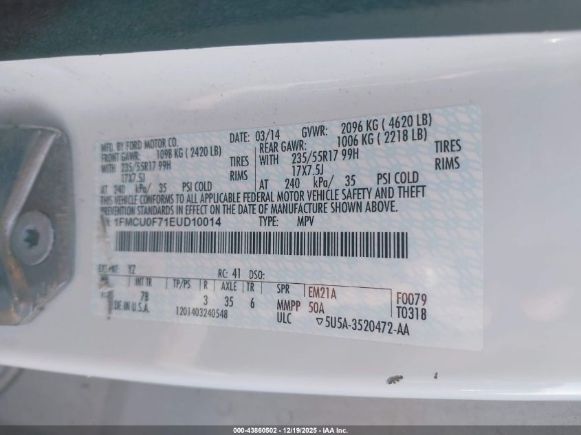 2014 Ford Escape S VIN: 1FMCU0F71EUD10014 Lot: 43860502