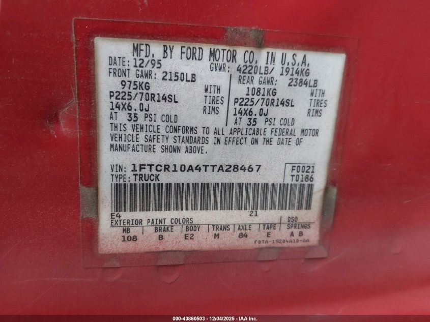 1996 Ford Ranger VIN: 1FTCR10A4TTA28467 Lot: 43860503