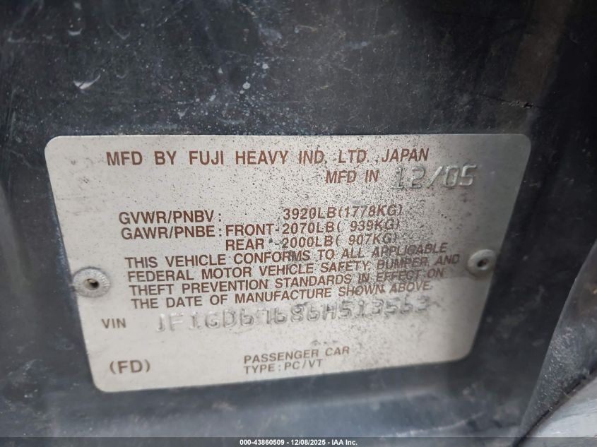 2006 Subaru Impreza 2.5I VIN: JF1GD67686H513562 Lot: 43860509