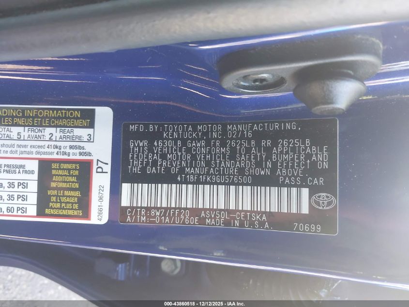 2016 Toyota Camry Se VIN: 4T1BF1FK9GU576500 Lot: 43860518