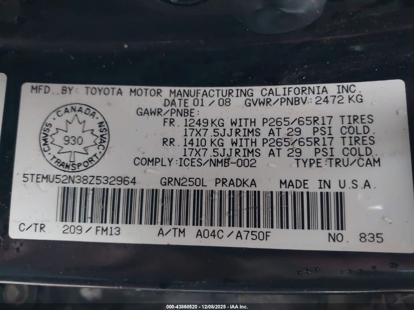 2008 Toyota Tacoma V6 VIN: 5TEMU52N38Z532964 Lot: 43860520