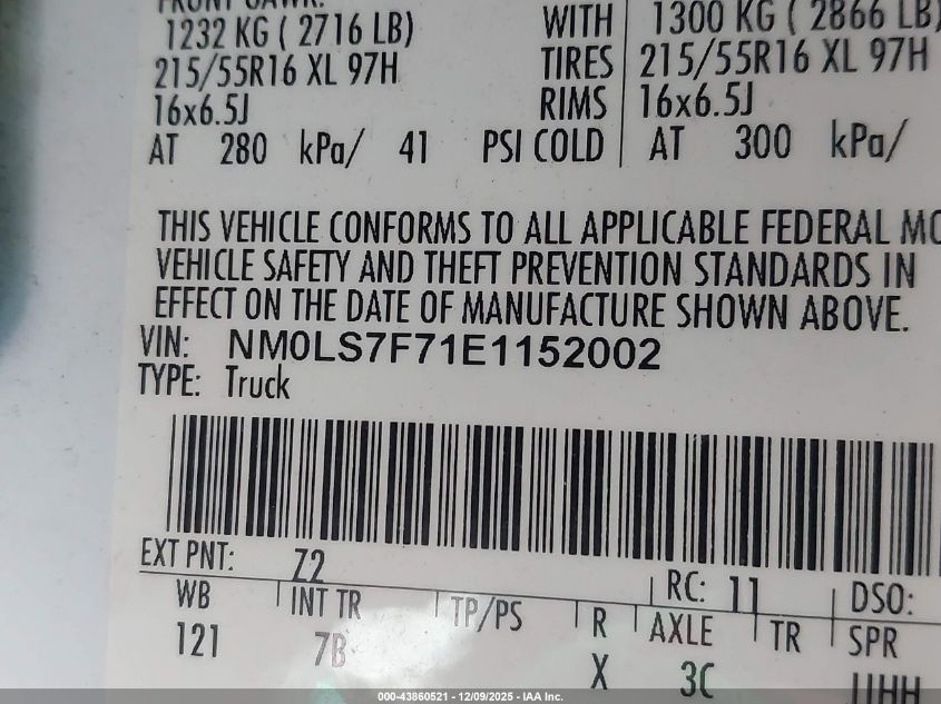 2014 Ford Transit Connect Xlt VIN: NM0LS7F71E1152002 Lot: 43860521