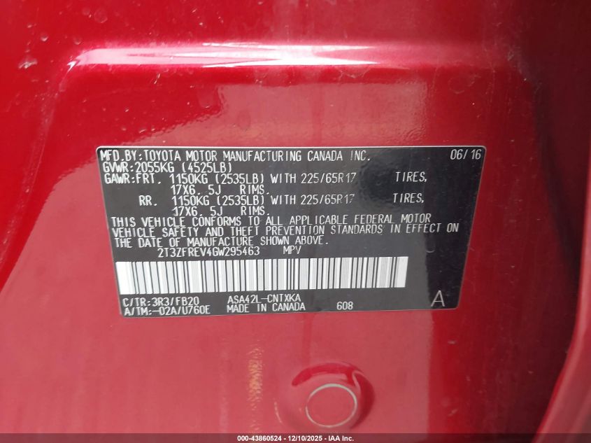 2016 Toyota Rav4 Le VIN: 2T3ZFREV4GW295463 Lot: 43860524