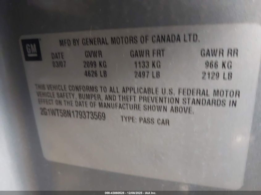 2007 Chevrolet Impala Lt VIN: 2G1WT58N179373569 Lot: 43860528