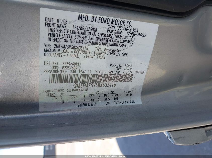 2008 Mercury Grand Marquis Ls VIN: 2MEFM75V58X635416 Lot: 43860531