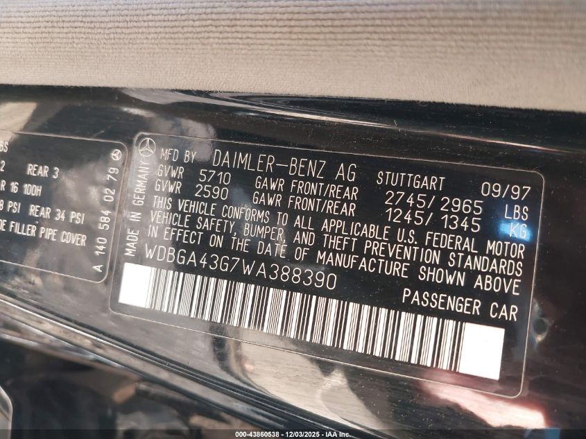 1998 Mercedes-Benz S 420 VIN: WDBGA43G7WA388390 Lot: 43860538