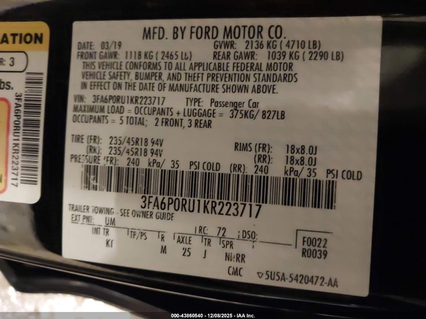 2019 Ford Fusion Hybrid Titanium VIN: 3FA6P0RU1KR223717 Lot: 43860540