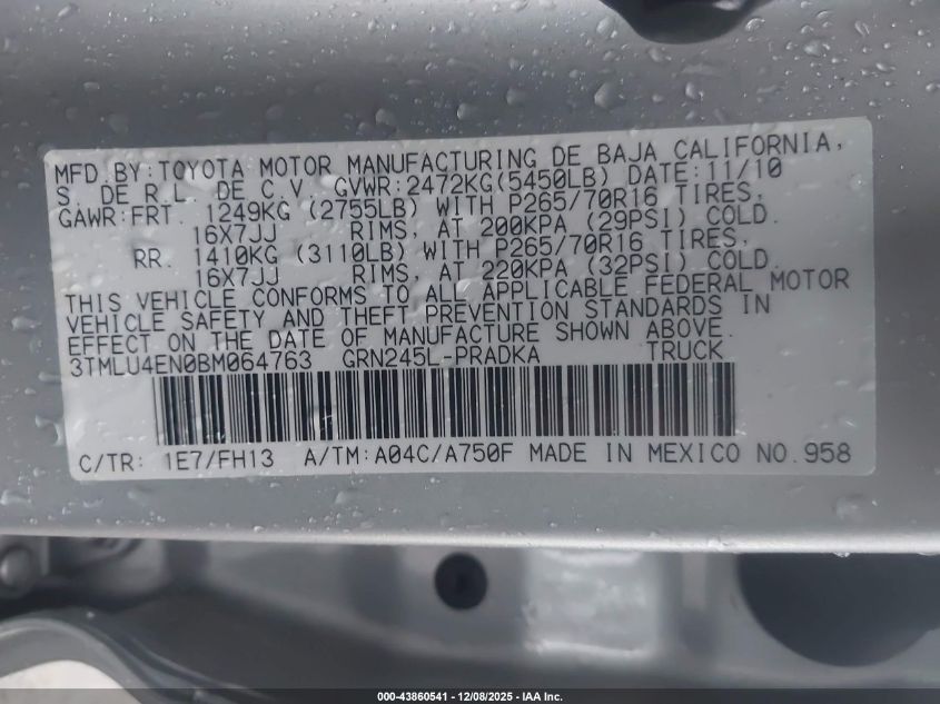 2011 Toyota Tacoma Base V6 VIN: 3TMLU4EN0BM064763 Lot: 43860541