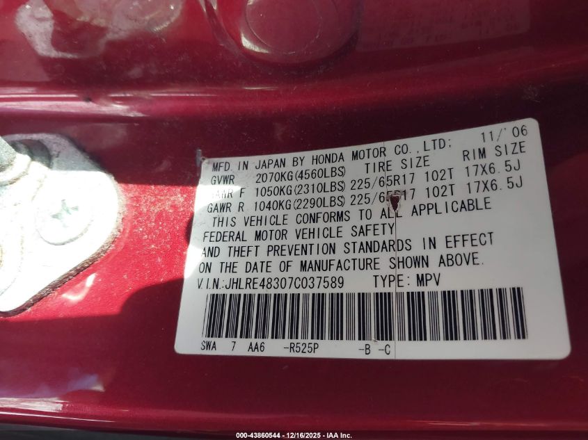 2007 Honda Cr-V Lx VIN: JHLRE48307C037589 Lot: 43860544