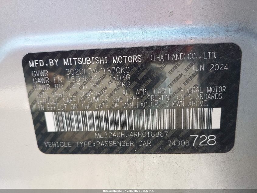 2024 Mitsubishi Mirage Es/Le VIN: ML32AUHJ4RH018867 Lot: 43860559