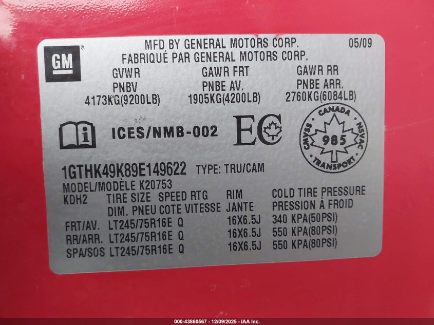 1GTHK49K89E149622 2009 GMC SIERRA photo no. 9