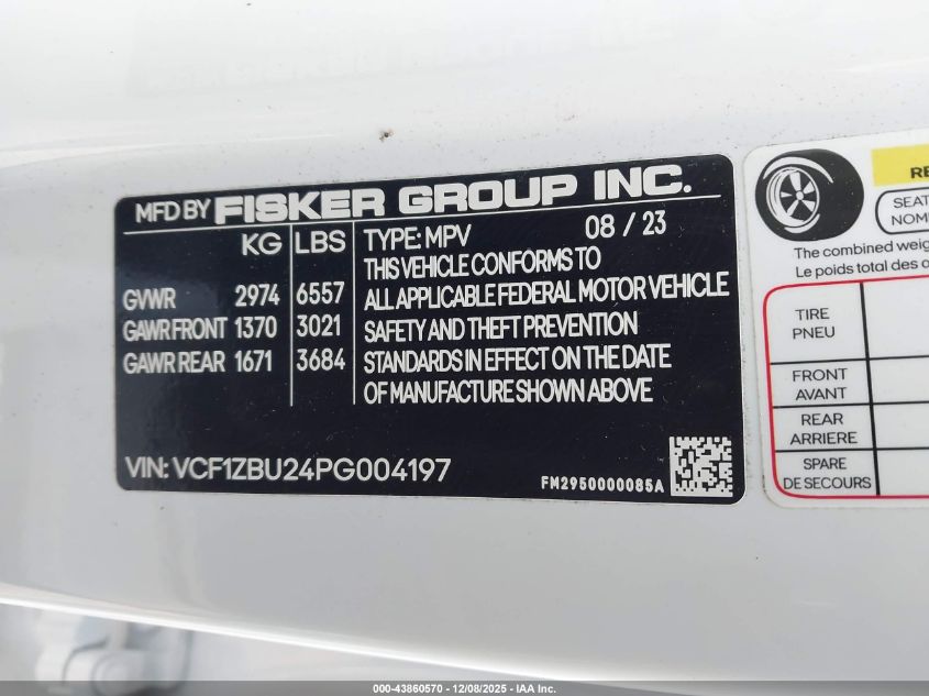 2023 Fisker Ocean One VIN: VCF1ZBU24PG004197 Lot: 43860570