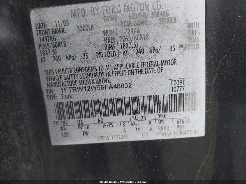 2006 Ford F-150 Xlt VIN: 1FTRW12W56FA48032 Lot: 43860585