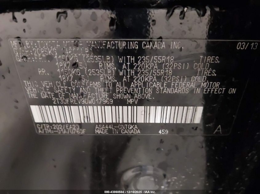 2013 Toyota Rav4 Limited VIN: 2T3DFREV9DW017969 Lot: 43860584