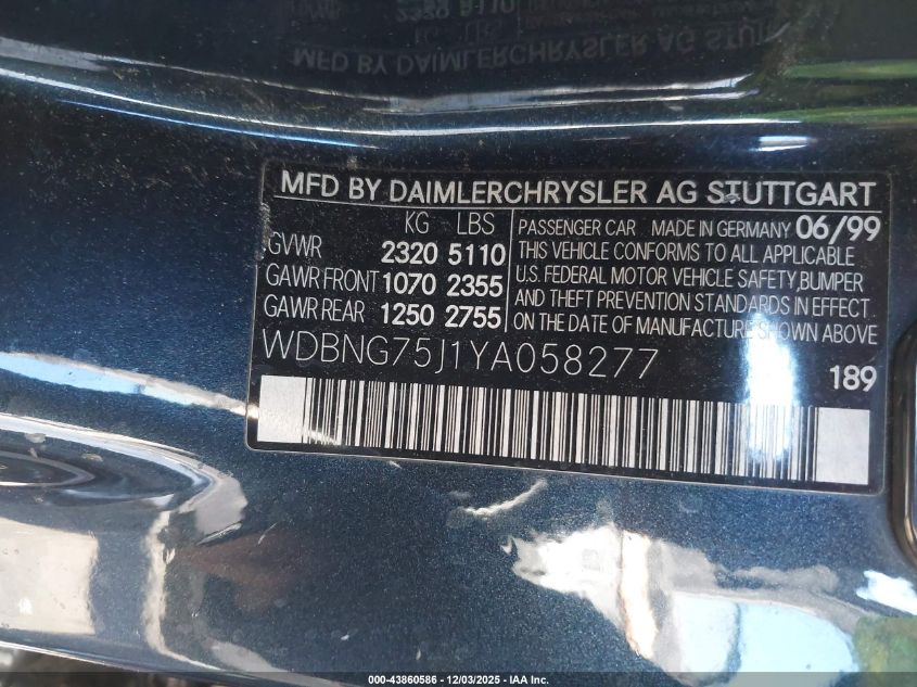 2000 Mercedes-Benz S 500 VIN: WDBNG75J1YA058277 Lot: 43860586