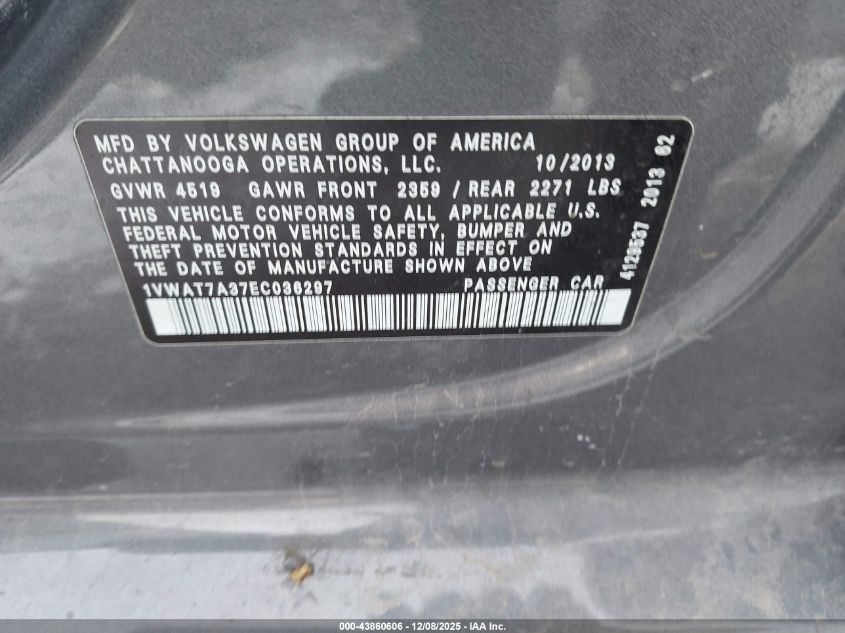 2014 Volkswagen Passat 1.8T Wolfsburg Edition VIN: 1VWAT7A37EC036297 Lot: 43860606