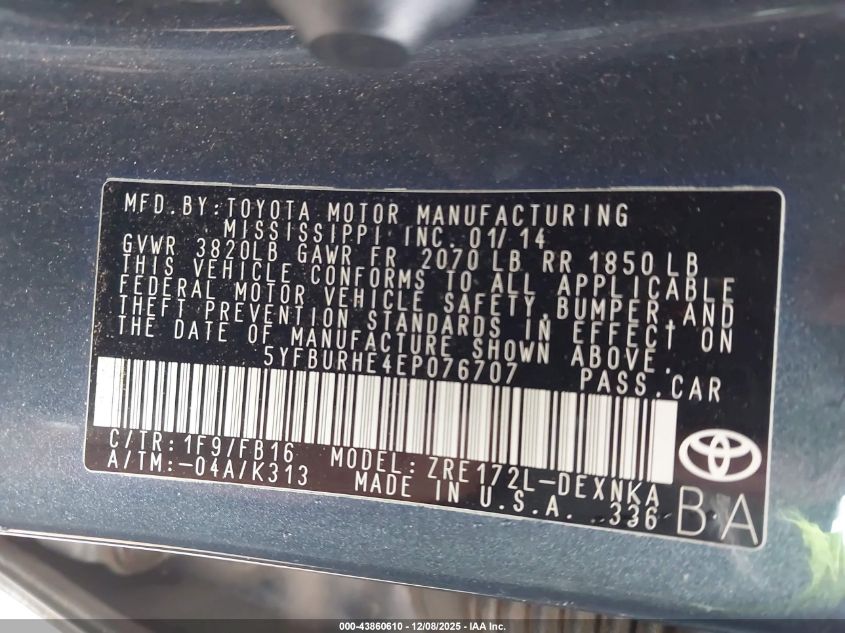 2014 Toyota Corolla Le VIN: 5YFBURHE4EP076707 Lot: 43860610