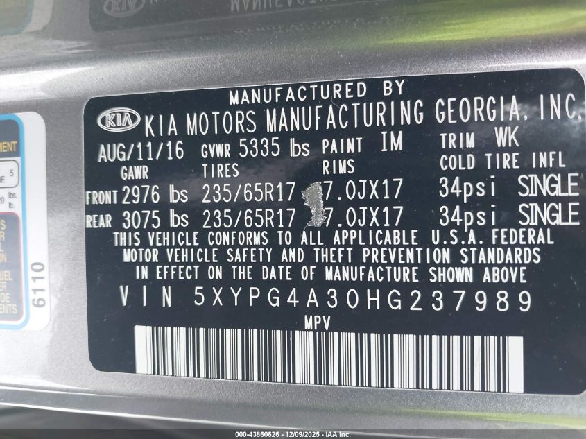 2017 Kia Sorento 2.4L Lx VIN: 5XYPG4A30HG237989 Lot: 43860626