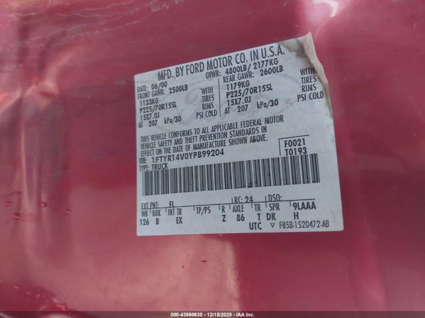 2000 Ford Ranger Xl/Xlt VIN: 1FTYR14V0YPB99204 Lot: 43860630