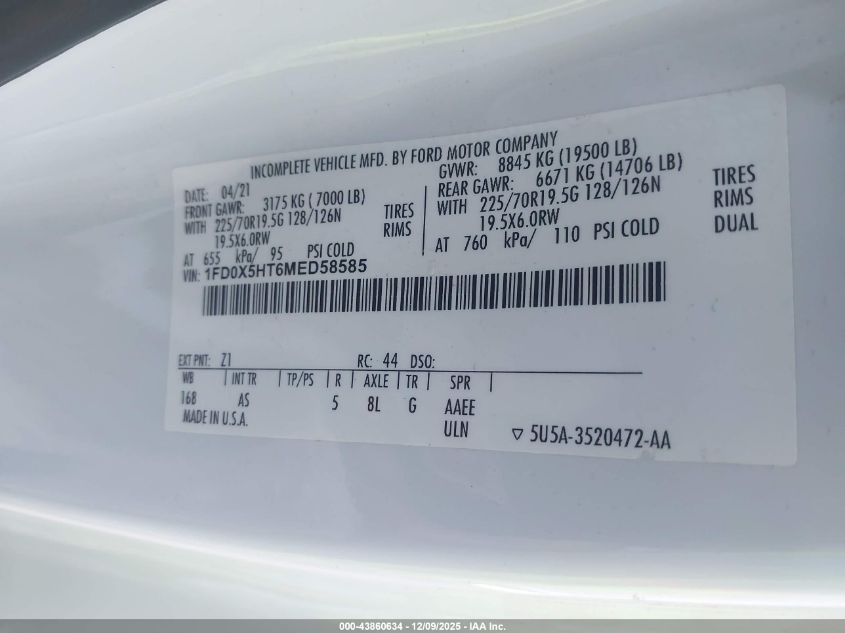 2021 Ford F-550 Chassis Xl VIN: 1FD0X5HT6MED58585 Lot: 43860634