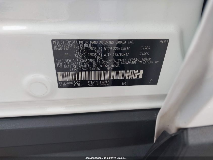 2023 Toyota Rav4 Xle VIN: 2T3W1RFV4PC230386 Lot: 43860636