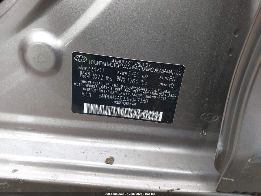 2011 Hyundai Elantra Gls VIN: 5NPDH4AE3BH047380 Lot: 43860638