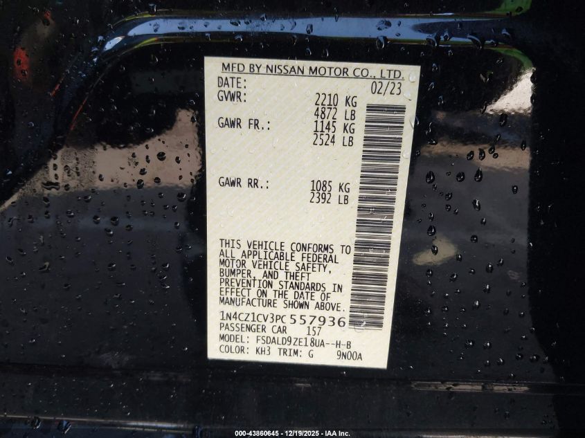 2023 Nissan Leaf Sv Plus 60 Kwh VIN: 1N4CZ1CV3PC557936 Lot: 43860645