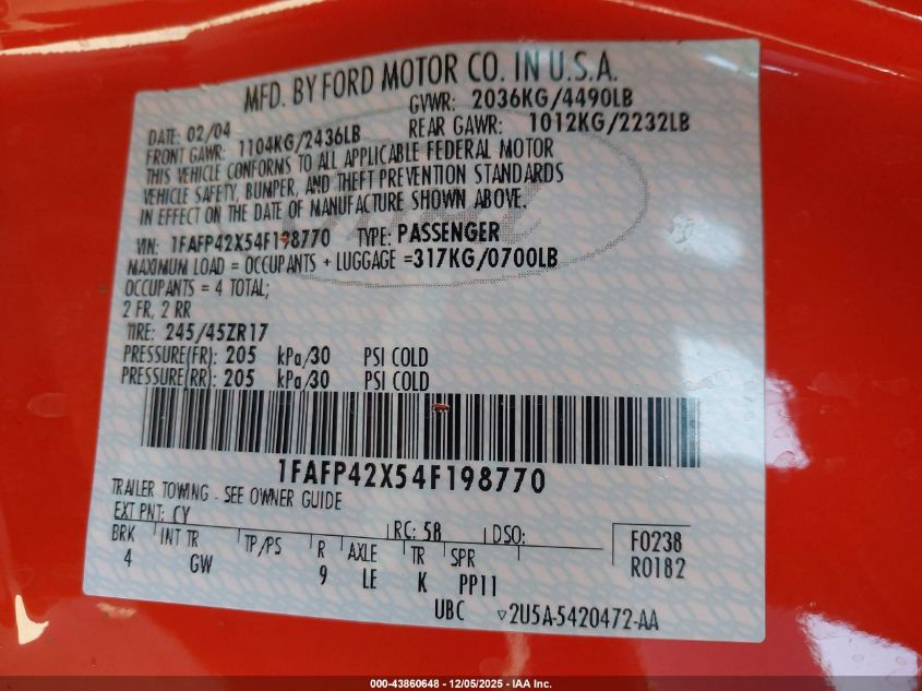 2004 Ford Mustang Gt VIN: 1FAFP42X54F198770 Lot: 43860648