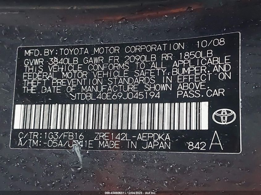 2009 Toyota Corolla Le VIN: JTDBL40E69J045194 Lot: 43860651