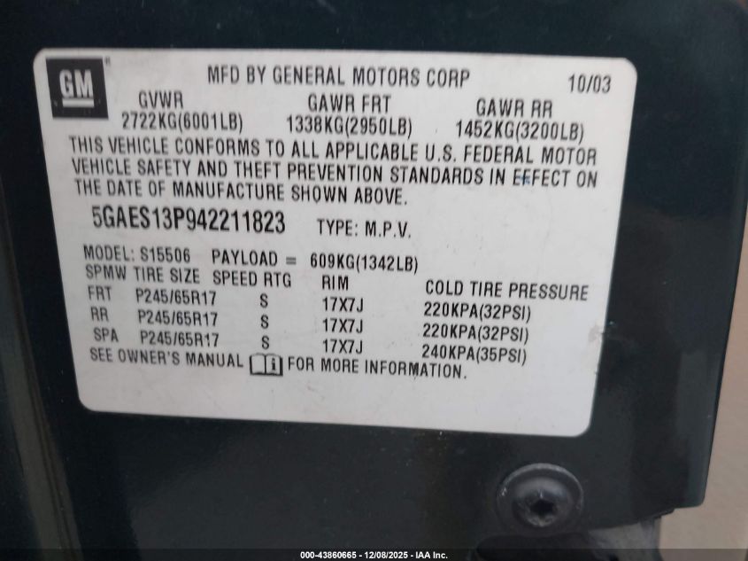 2004 Buick Rainier Cxl Plus VIN: 5GAES13P942211823 Lot: 43860665