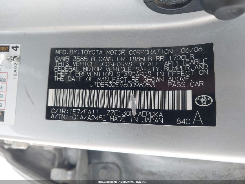 2006 Toyota Corolla Ce VIN: JTDBR32E960098253 Lot: 43860678