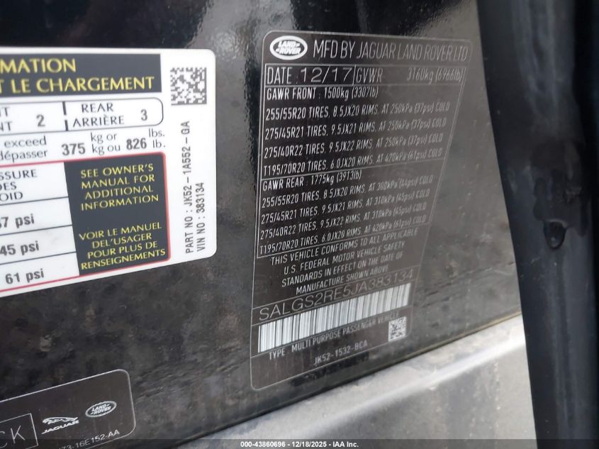 2018 Land Rover Range Rover 5.0L V8 Supercharged VIN: SALGS2RE5JA383134 Lot: 43860696