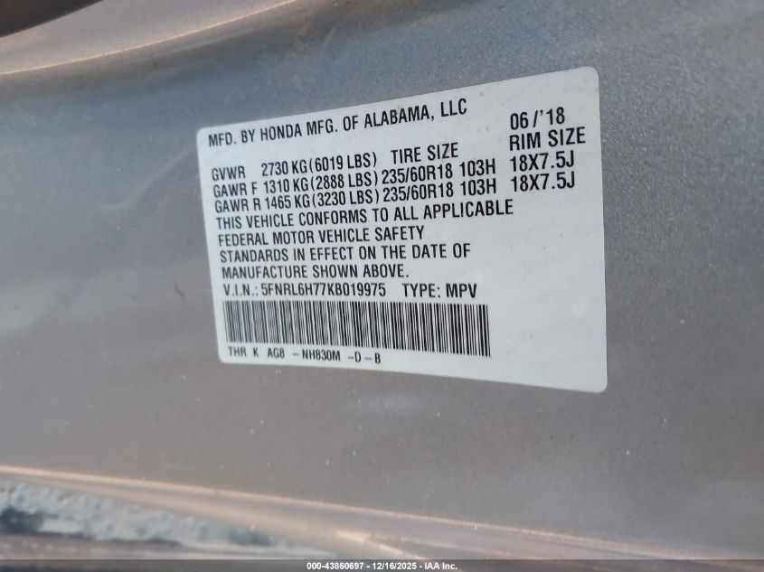 2019 Honda Odyssey Ex-L VIN: 5FNRL6H77KB019975 Lot: 43860697