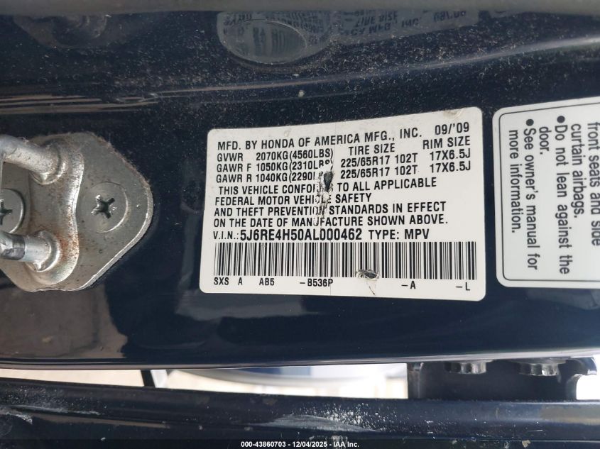 2010 Honda Cr-V Ex VIN: 5J6RE4H50AL000462 Lot: 43860703