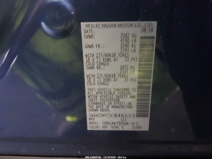 2018 Nissan Rogue Sl VIN: 5N1AT2MT7JC846553 Lot: 43860706