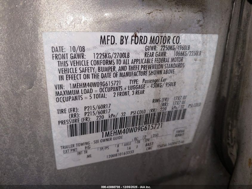 2009 Mercury Sable VIN: 1MEHM40W09G615721 Lot: 43860708