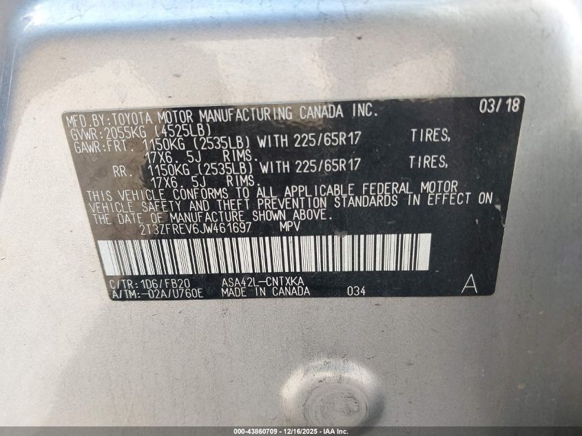2018 Toyota Rav4 Le VIN: 2T3ZFREV6JW461697 Lot: 43860709