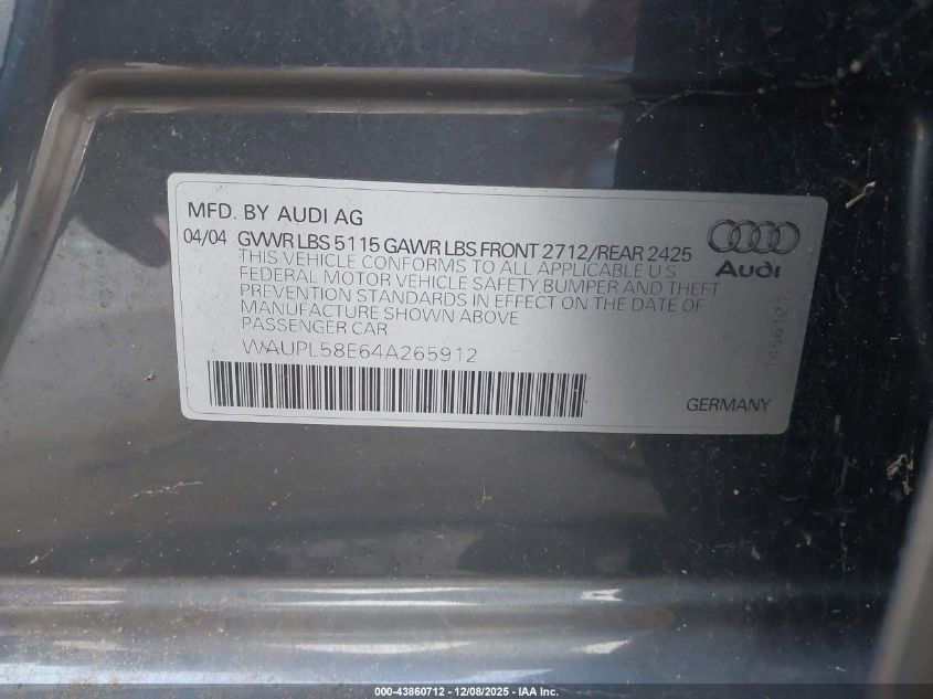 2004 Audi S4 4.2 VIN: WAUPL58E64A265912 Lot: 43860712