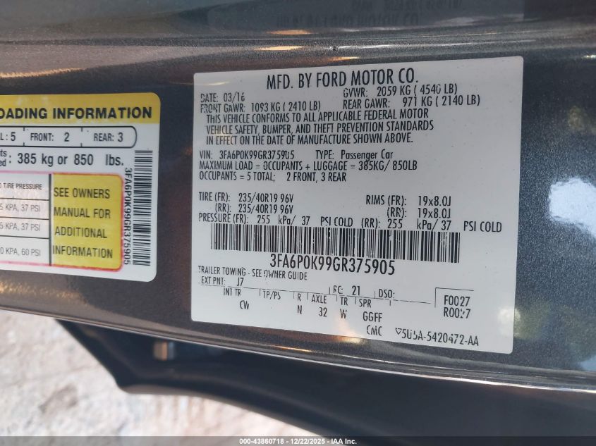 2016 Ford Fusion Titanium VIN: 3FA6P0K99GR375905 Lot: 43860718