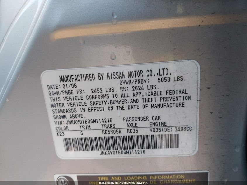 2006 Infiniti M35 Sport VIN: JNKAY01E06M114216 Lot: 43860728