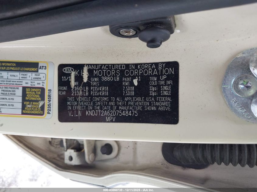 2013 Kia Soul ! VIN: KNDJT2A62D7548475 Lot: 43860739