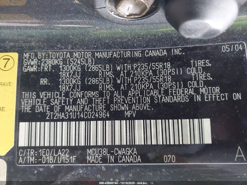 2004 Lexus Rx 330 VIN: 2T2HA31U14C024964 Lot: 43860744