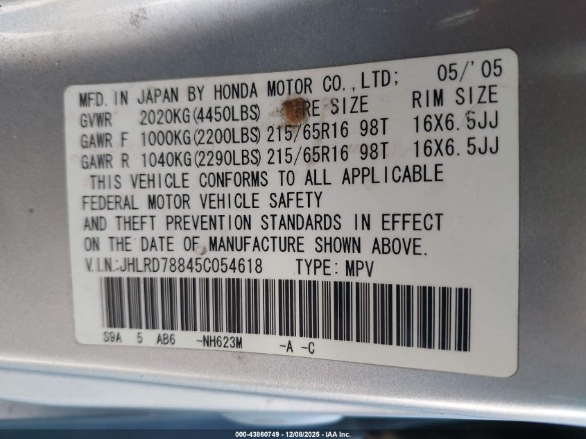 2005 Honda Cr-V Ex VIN: JHLRD78845C054618 Lot: 43860749